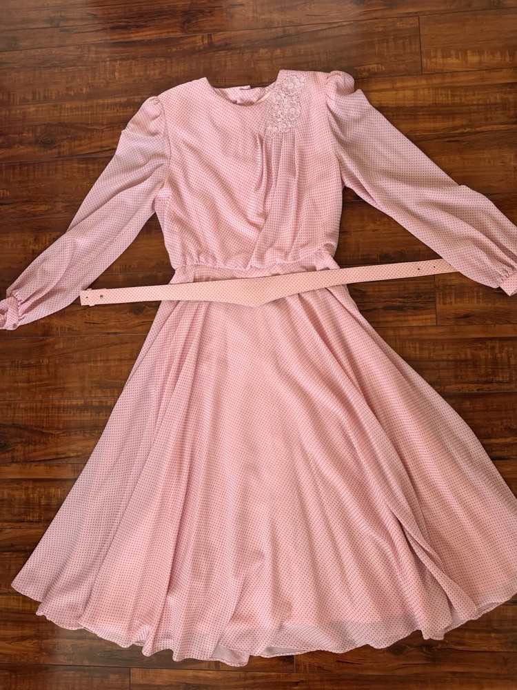 Vintage Lamballe Contemporary Pink Polka Dot Floral Appliqué Midi Dress Size S
