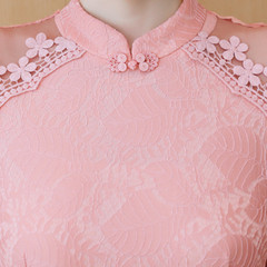 Women Long Sleeve A-line Qipao Lace Mini Dress Floral Embroidery Cheongsam