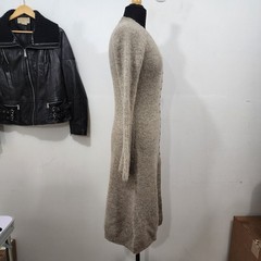Commense Stacking V-Neck Split Breasted Knit Sweater Dress Beige Bell Sleeve SML
