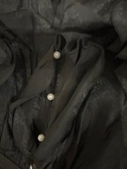 HA Boutique Black Ruffle Pearl bottons Sheer Top Satin Dress/shorts NWT Sz L