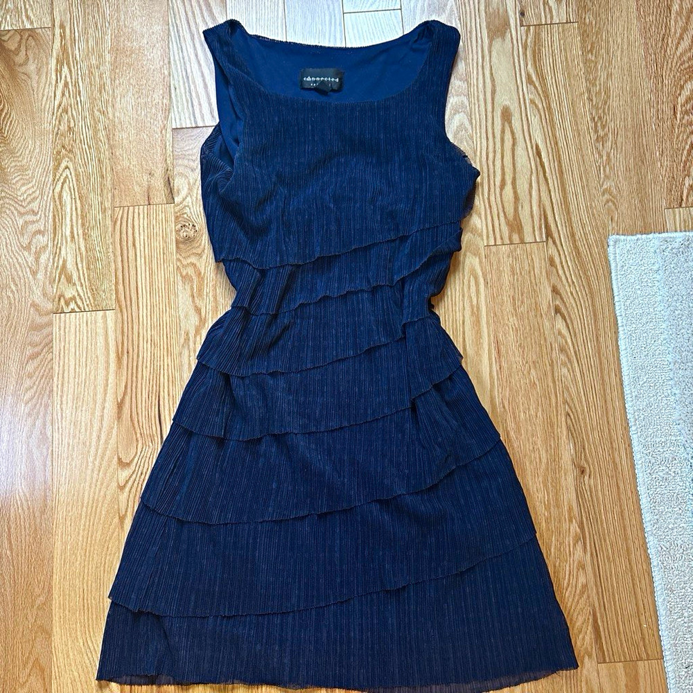 Connected Navy Solid Dress 4 Sleeveless Scoop Neck Knee Layered Ruffle A-Line