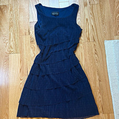 Connected Navy Solid Dress 4 Sleeveless Scoop Neck Knee Layered Ruffle A-Line