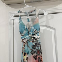 Abstract Multicolor Halter V-Neck Fit & Flare Hi-Low Dress Sleeveless S