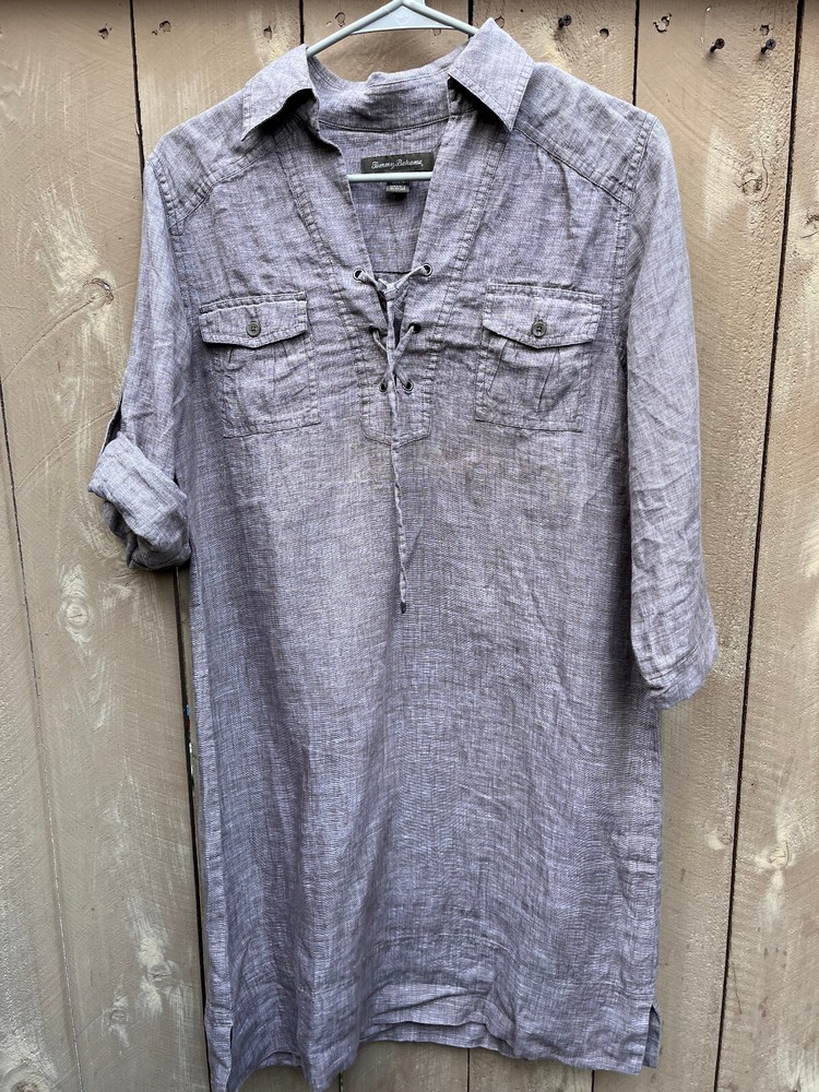 TOMMY BAHAMA Heather Beige Brown 3/4 Sleeve LINEN Dress w/ Lace-up Neck Womens S