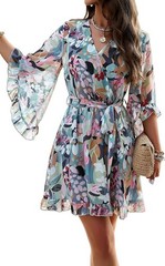 Women Mini Dress, Deep V-Neck Long Sleeve Waist Tie Ruffle Green Dress, Size S