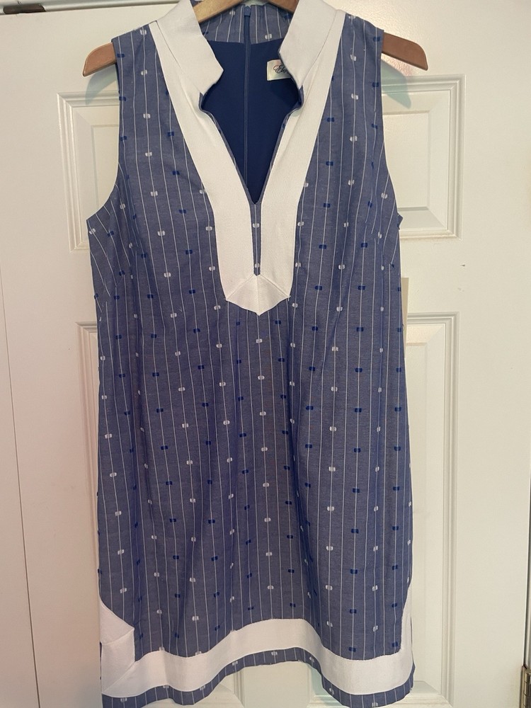 Eliza J Women’s Blue/White Striped Shift Dress V-Neck Sleeveless Zip 14