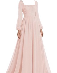 Women&rsquo;s Pink Square Neck Puff Sleeve Maxi Dress Smocked Chiffon Ruffle M