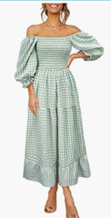 UIMLK Women&rsquo;s Flowy Cottagecore Puff Sleeve Off The Shoulder Dress Green Medium