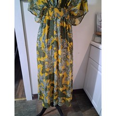 Olivaceous Womens Tropical Leaf Print Maxi Dress Yellow Green V-Neck Smocked M