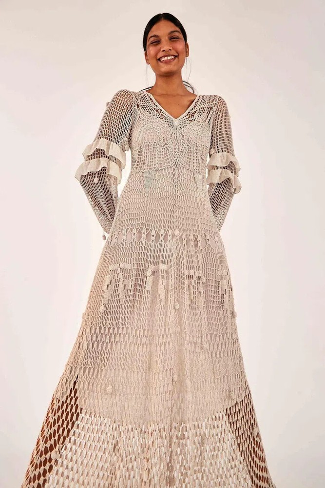 Farm Rio Anthropologie Hand Made Crochet Maxi Dress Beige Size M NWT Orig. $595.