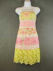 Lilly Pulitzer Dress Womens 2 Pink Green Yellow Strapless Floral Eyelet Lace