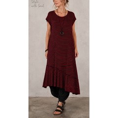 Lisa Bayne Striped Asymmetrical Ruffle Hem Midi Dress Pink Red Black Pockets- XS