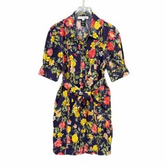 Marissa Webb 0 Floral Purple Button Waist Tie Cotton Short Puff Sleeve Dress