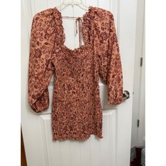 Free People Apricot Combo Mini Dress Floral Long Sleeve Smocked Ruffle Large