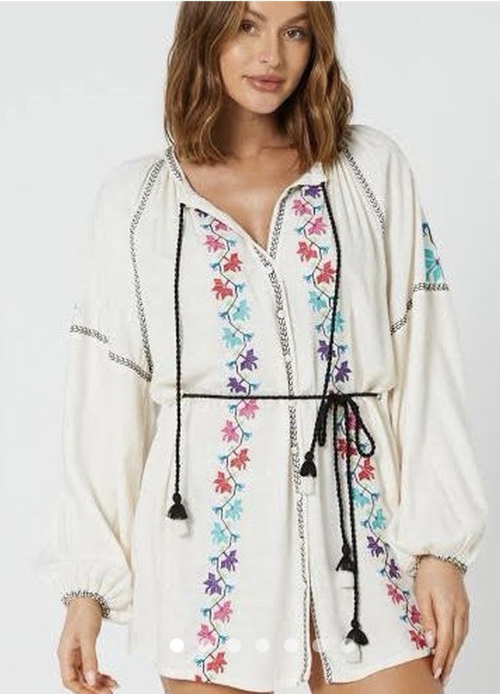 Tigerlily Frida Dulari Mini Tunic Multicolor Embroidered Tie Dress Puff Sleeve 6