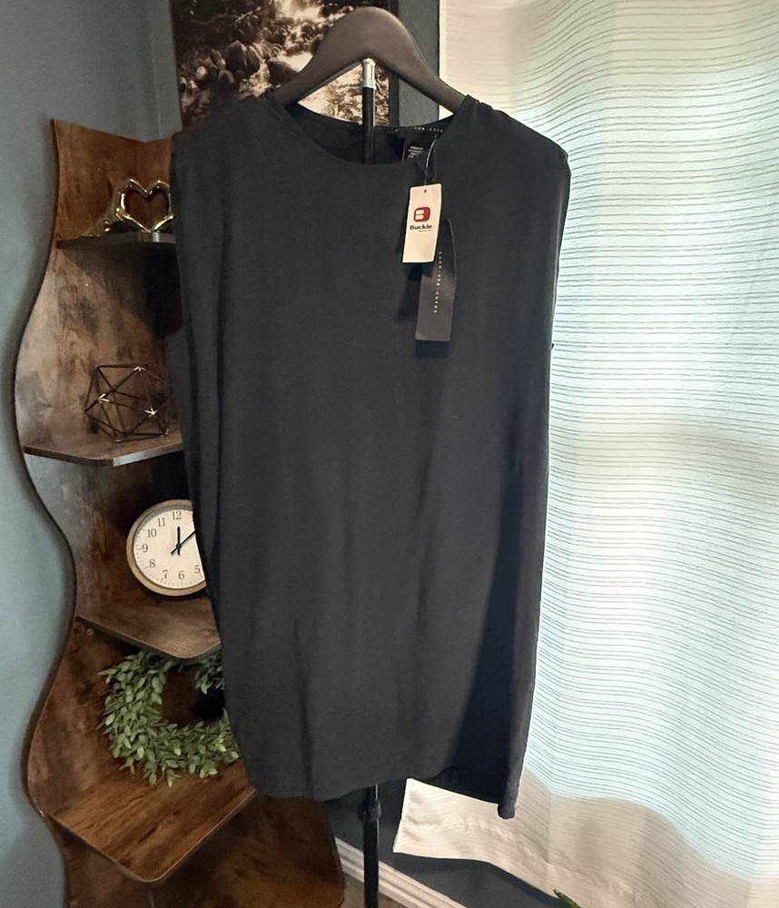 Buckle Black Satin Solid Round Neck Sleeveless Short T-Shirt Dress Zip M