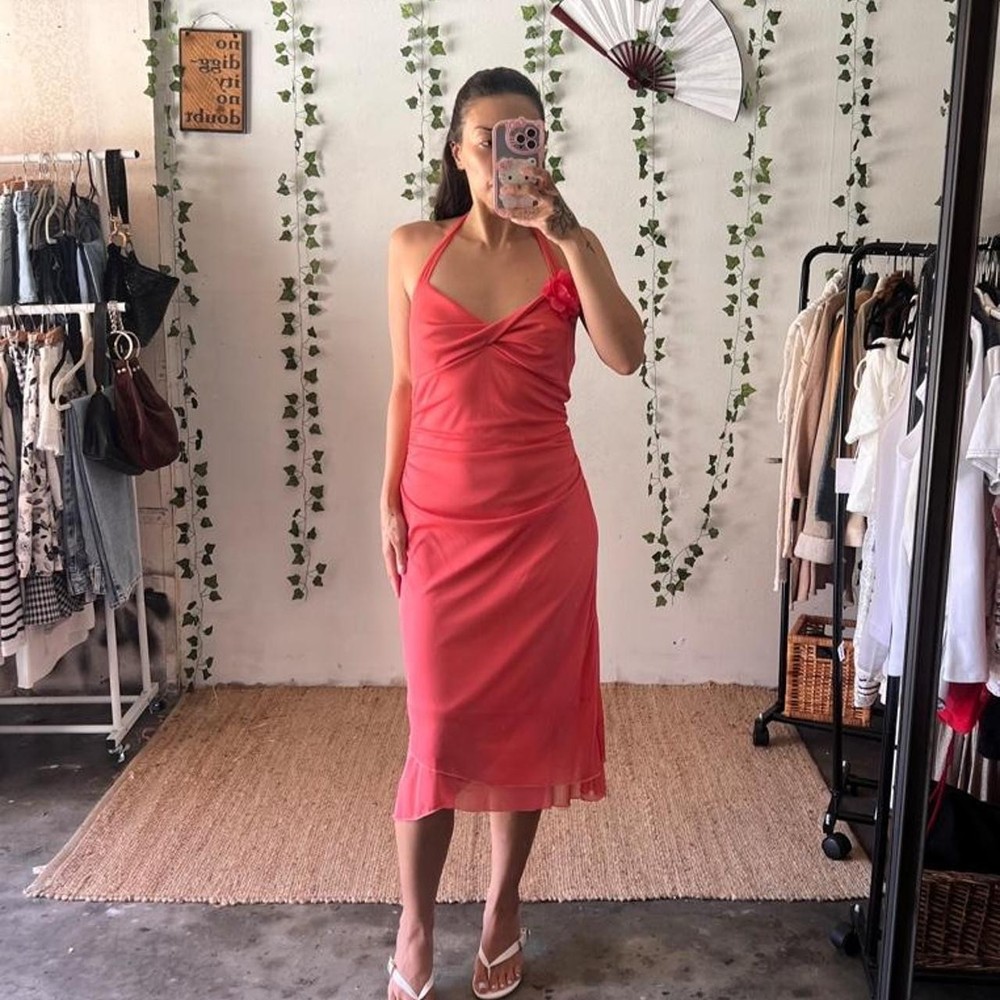 Deadstock Y2K Ruby Rox coral halter midi dress size M/L