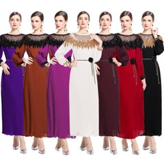 Chiffon Sequins Applique Loops Long Sleeve Women Casual Party Midi Pleated Dress
