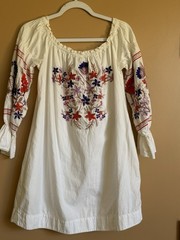 Free People Dress XS Fleur Du Jour Peasant Boho Embroidered Off Shoulder Cream