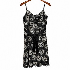 Black White Floral Women&rsquo;s 8 Cocktail Dress Satin Ribbon Waist Spaghetti Strap
