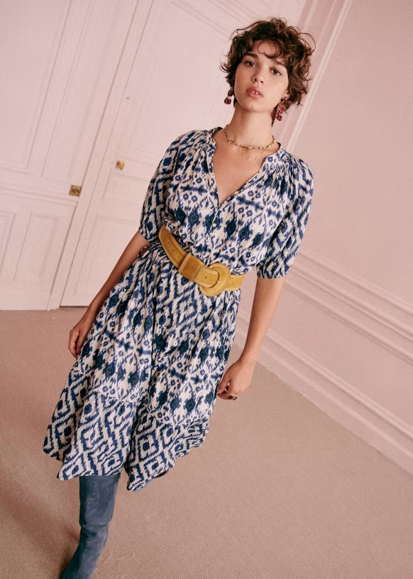 Sezane Robe Stella Dress Blue Ikat S 36 Women Raglan Short Sleeve Midi NWT 45351