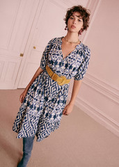 Sezane Robe Stella Dress Blue Ikat S 36 Women Raglan Short Sleeve Midi NWT 45351