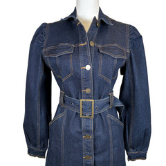 Habitual Dress Womens Small Blue Denim Belted Shirt Dress Puff Sleeves Pockets