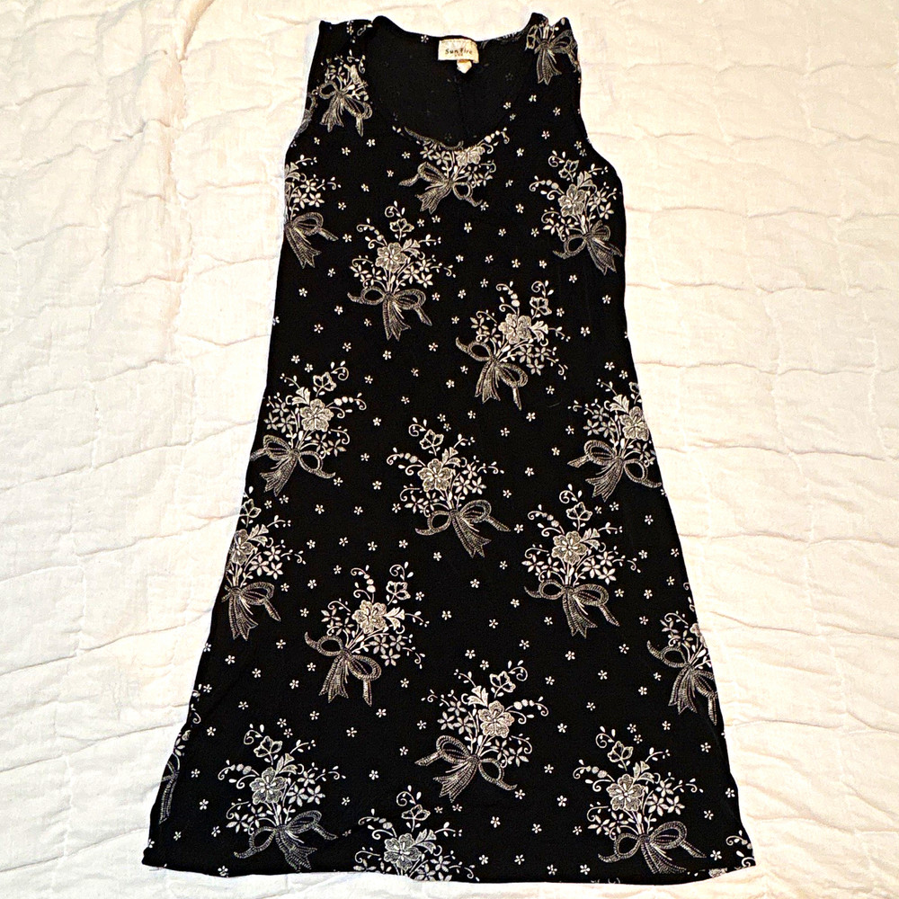Sun Fire Black & White Floral Shift Dress Sleeveless Knit Bow Stretch L