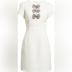 New Sam Edelman Rhinestone Bow Detail Satin Dress White Mini Short Sleeve Sz 8