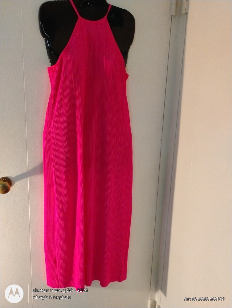 Raspberry Maxi Sundress Rib Pattern Back Ties Spaghetti Straps Small