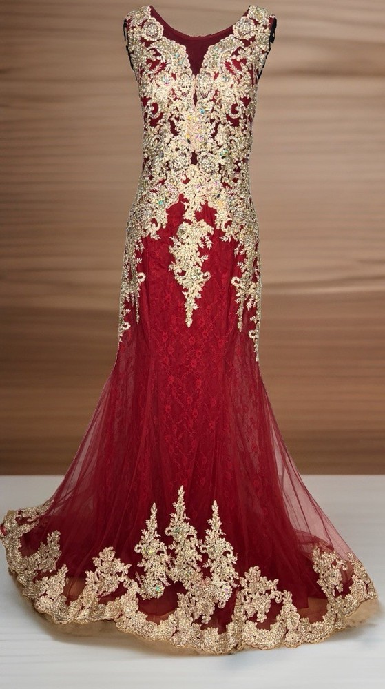 EVA Burgundy Gold Beaded Mermaid Formal Prom Evening Gown Train Lace L
