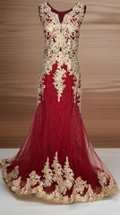 EVA Burgundy Gold Beaded Mermaid Formal Prom Evening Gown Train Lace L