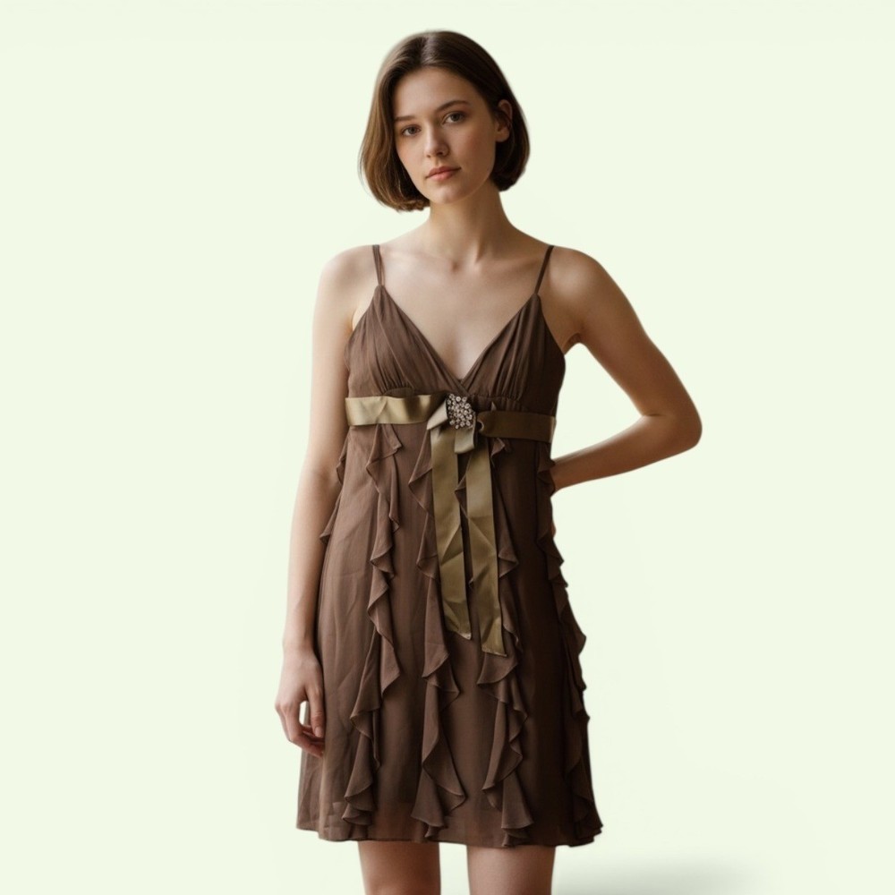 BCBGMAXAZRIA Brown 100% Silk Ruffle Mini Dress Rhinestone Brooch Empire Waist 4