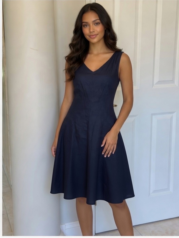 Chelsea & Theodore Size 4 New Dark Blue 100% Linen Sleeveless Swing Fit Flare