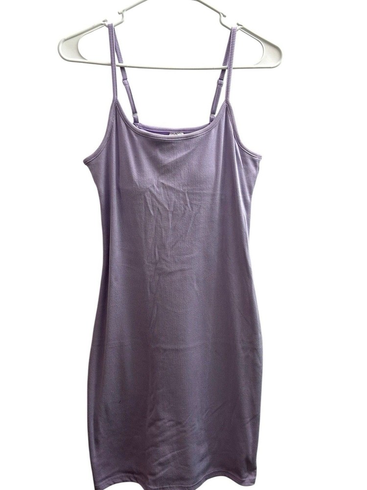 Real Essentials Women Spaghetti Strap Ribbed Tank Mini Dress Built-In Bra Purple