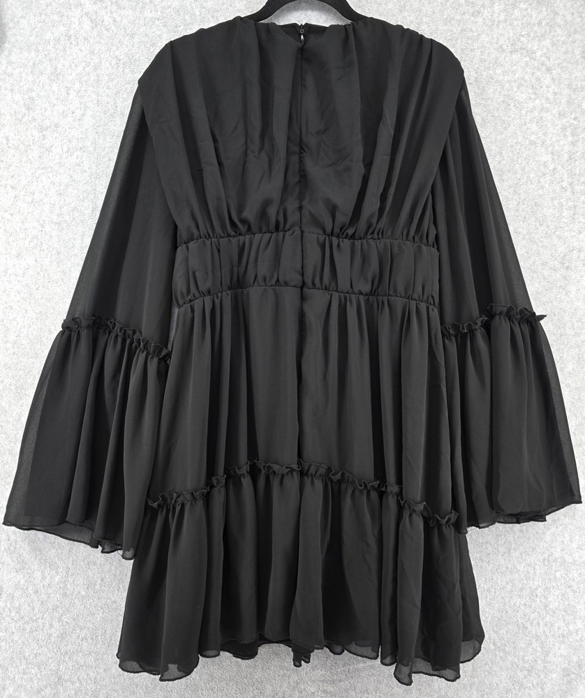 Black Chiffon Black Pleated Flowy Layered Mini Dress Sz L Deep Plunge Whimsigoth
