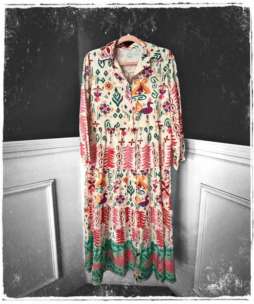 Sunday Up Button-Down Tiered Midi/Maxi Shirt Dress M