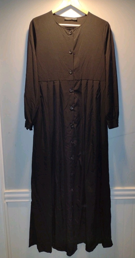 BLACK MAXI DRESS MED LONG CUFF SLEEVE BUTTON FRONT COSTUME COS PLAY MODEST NWT