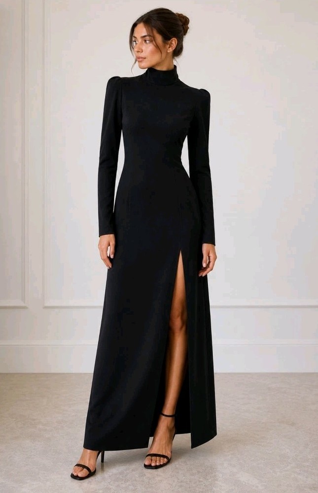 NWT BCBGMAXAZRIA Black Open Back Maxi Gown Dress Formal High Neck Side Slit US 2