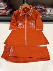 Women Rust Brown Cotton Flex Co-Ord Set Embroidered Top Pant Set