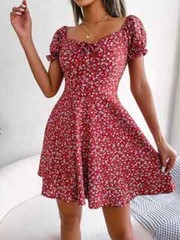 Spring Summer Square Collar Floral Ruffles Mini Dress Women Casual Flare Sleeves