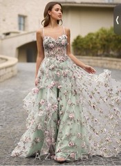 Womens Floral Embroidered Tulle Ruffle V-Neck Spaghetti Strap Midi Dress S