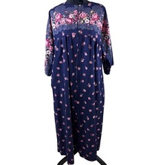 Vintage Floral Muumuu Navy Blue Pink Rose Maxi House Dress Pockets 1X