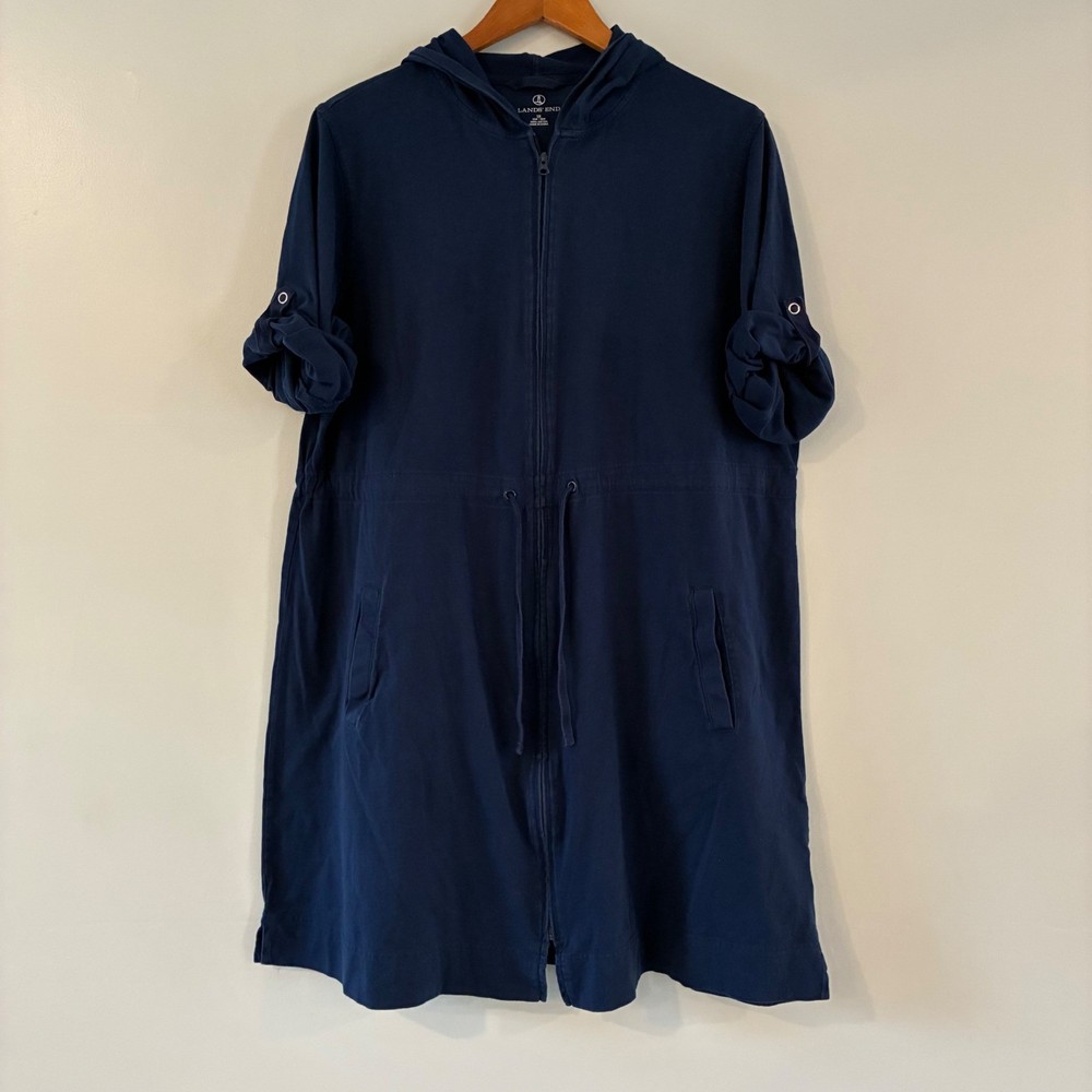 Lands&rsquo; End Hooded Zip Cover-Up 1X Navy Blue Roll-tab Cotton Coastal Beach Summer
