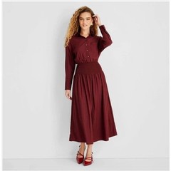 Collared Long Sleeve Smocked Midi Shirtdress XS Merlot Red Future Collective NWT