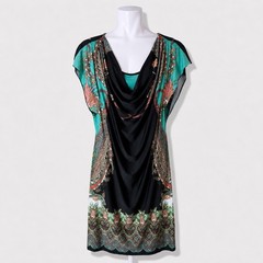 NWT One World Paisley Cowl Neck Dress XL Turquoise Black Boho Flutter Sleeve