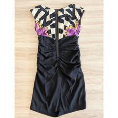 Nicole Miller Silk Ruched Cocktail Dress Womens Size 8 M Black Graphic Pattern