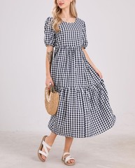Women&rsquo;S Retro Lantern Puff Sleeve Plaid Dress Gingham Swing Tiered Midi Long XL