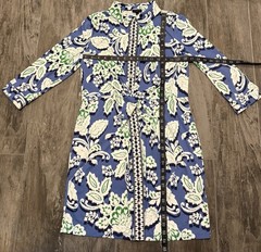 TALBOTS Medium Petite Effortless Jersey Twist Shirt Dress Blue Floral MP Button