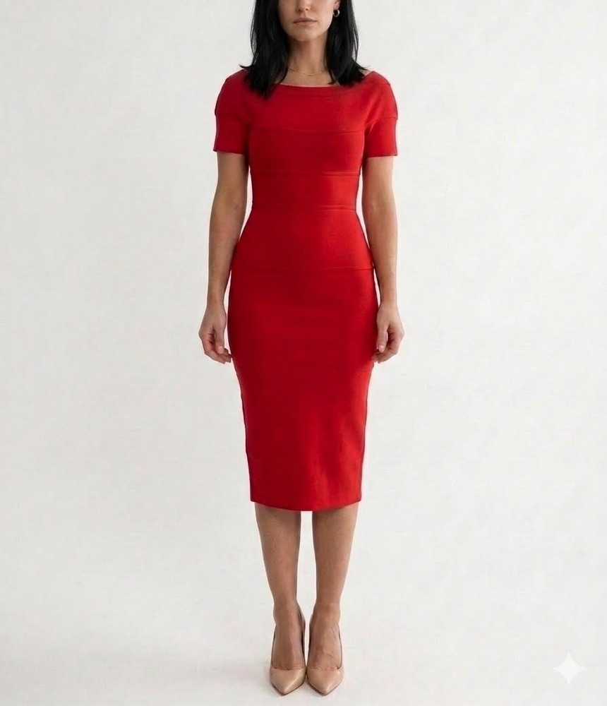 Scanlan Theodore Dress Size Small Crepe Knit Midi Red Pencil Bodycon Panel